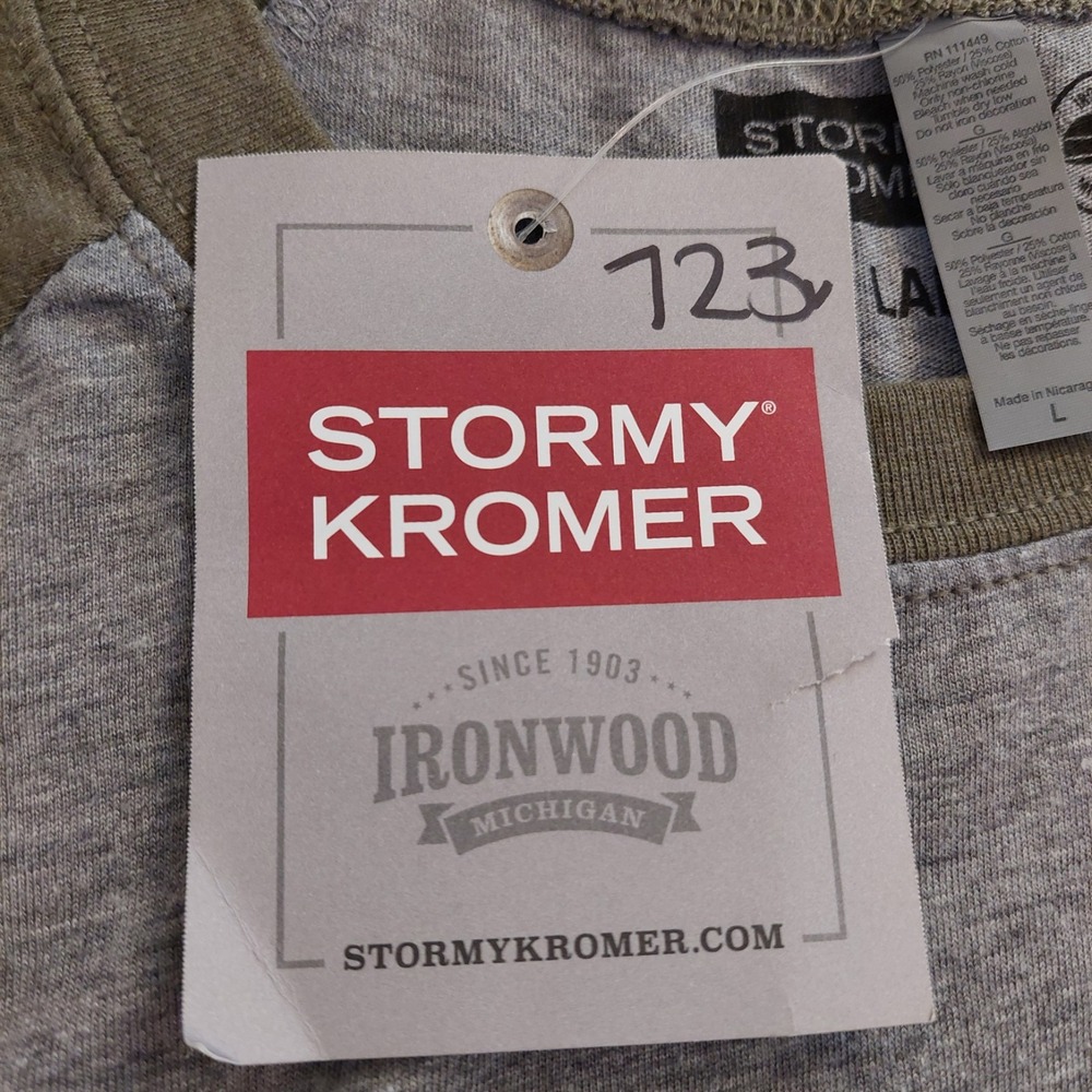 Stormy Kromer Unisex Baseball Tee Gray & Olive Green Cotton/Poly Blend Sz L NEW! - Picture 6 of 10